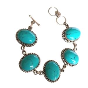 Vintage Boho Western Sterling Silver Turquoise Chunky Cabochon Chain Bracelet